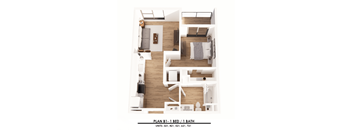 A floor plan of a one bedroom apartment with one bathroom.