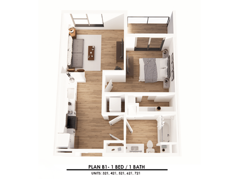 A floor plan of a one bedroom apartment with one bathroom.