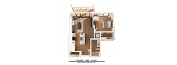 A floor plan of a small apartment with one bedroom and one bathroom.