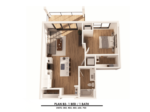 A floor plan of a small apartment with one bedroom and one bathroom.