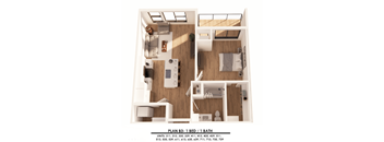 A diagram of a small apartment with a bedroom and a bathroom.