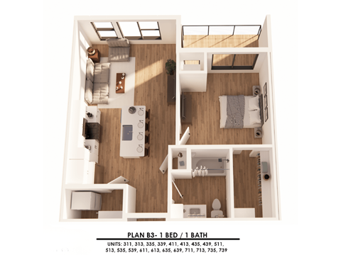 A diagram of a small apartment with a bedroom and a bathroom.