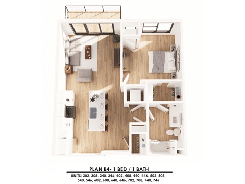 A floor plan of a one bedroom apartment with a bath.