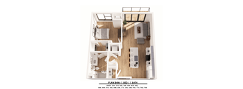 A floor plan of a 1 bedroom apartment with 1 bathroom.