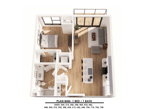 A floor plan of a 1 bedroom apartment with 1 bathroom.