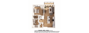 A floor plan of a one bedroom apartment with a one bathroom.