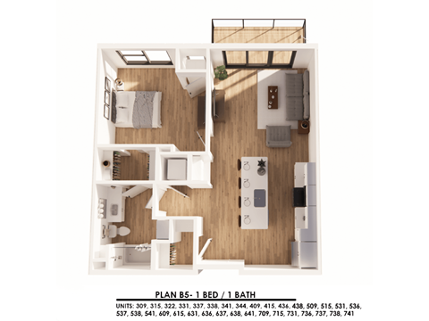 A floor plan of a one bedroom apartment with a one bathroom.