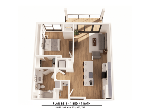 A floor plan of a 1 bedroom apartment with 1 bathroom.