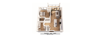 A floor plan of a 1 bedroom apartment with 1 bathroom.