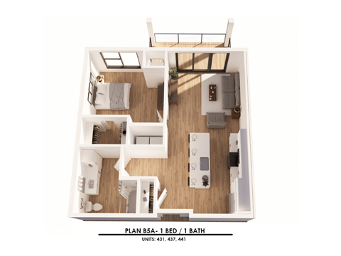 A floor plan of a 1 bedroom apartment with 1 bathroom.