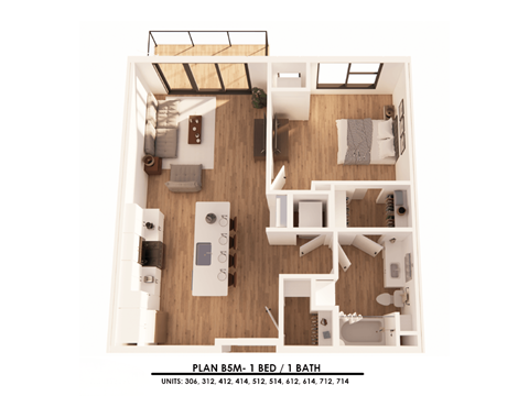 A floor plan of a 1 bedroom apartment with 1 bathroom.
