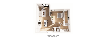 A floor plan of a one bedroom apartment with one bathroom.
