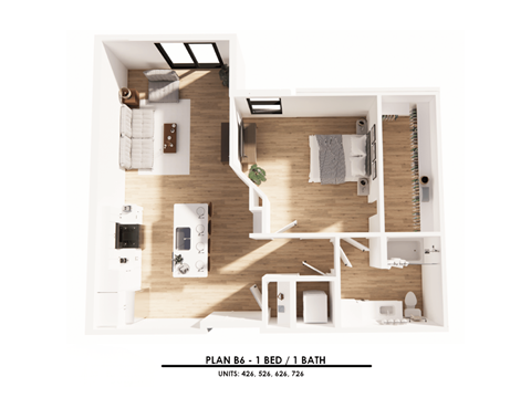 A floor plan of a one bedroom apartment with one bathroom.