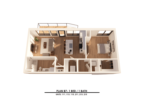 A diagram of a floor plan for a 1 bedroom, 1 bathroom apartment.