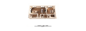A diagram of a bedroom with a bed, a bathroom, and a living area.
