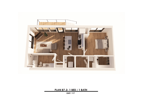 A floor plan of a one bedroom apartment with a bathroom.