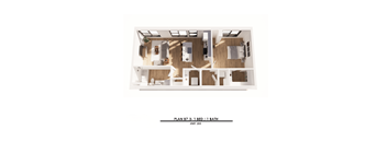 A floor plan of a 1 bedroom apartment with 1 bathroom.