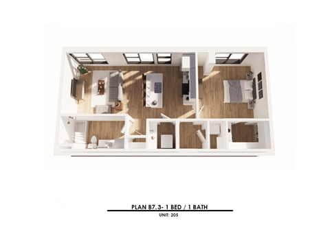 A floor plan of a 1 bedroom apartment with 1 bathroom.