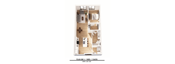 A floor plan of a 1 bedroom apartment with 1 bathroom.