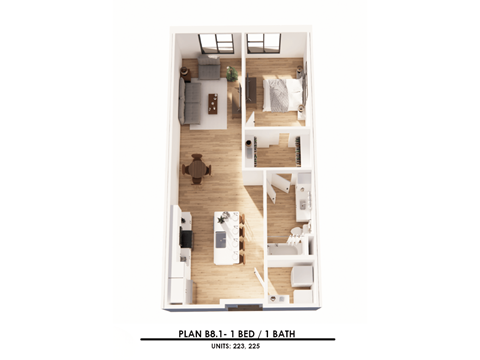 A floor plan of a 1 bedroom apartment with 1 bathroom.