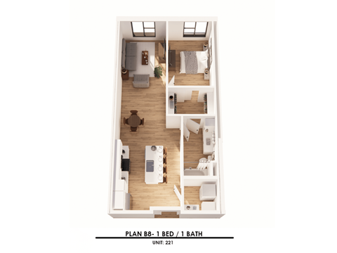 A floor plan of a 1 bedroom apartment with 1 bathroom.