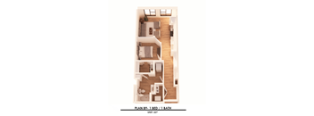 A floor plan of a one bedroom apartment with one bathroom.