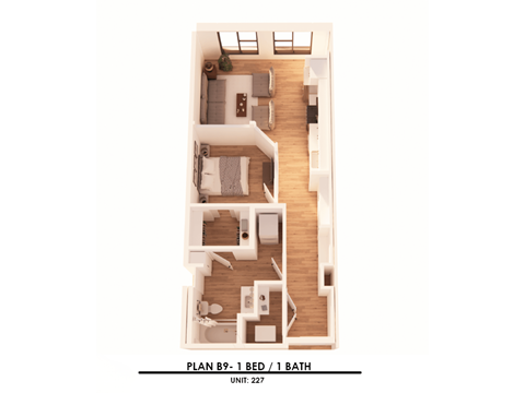 A floor plan of a one bedroom apartment with one bathroom.