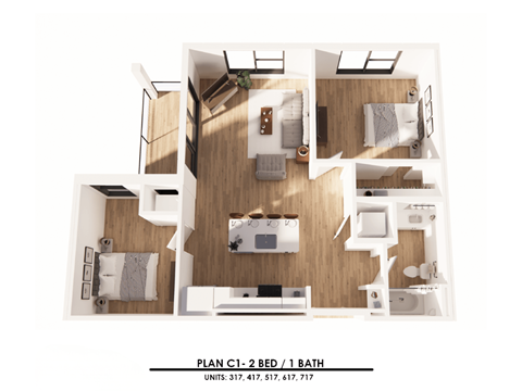 A 2 bedroom apartment with 1 bathroom is displayed.