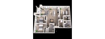 A 3D floor plan of a house with a kitchen, living room, and bedrooms.