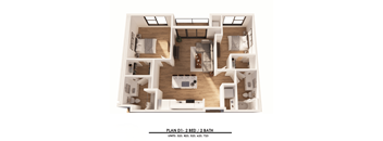 A 2 bedroom apartment with 2 bathrooms is shown in the image.