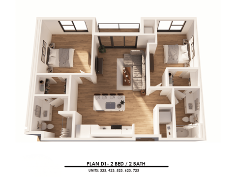 A 2 bedroom apartment with 2 bathrooms is shown in the image.