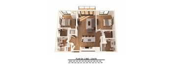 A 2 bedroom 2 bath apartment plan is shown with a kitchen, living room, and bathrooms.