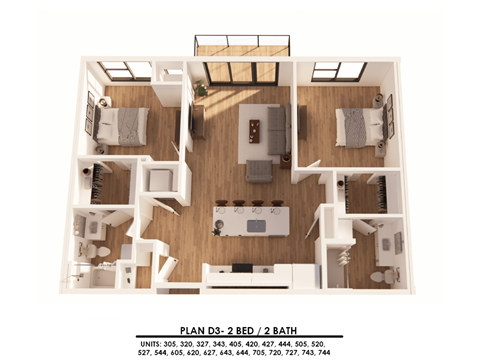 A 2 bedroom 2 bath apartment plan is shown with a kitchen, living room, and bathrooms.