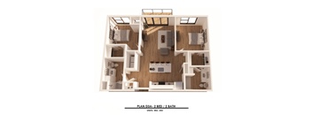 A 3D floor plan of a 2 bedroom, 2 bathroom apartment.