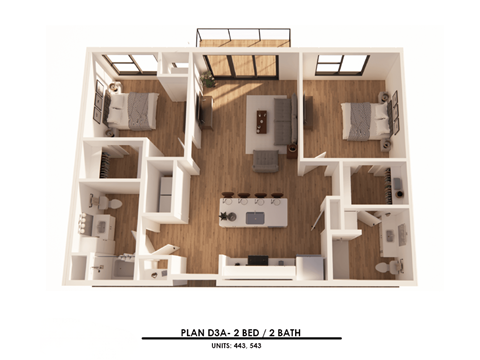 A 3D floor plan of a 2 bedroom, 2 bathroom apartment.