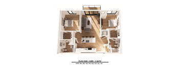 A floor plan of a 2 bedroom, 2 bathroom apartment.