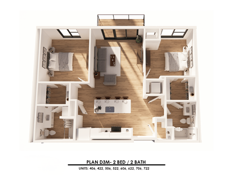 A floor plan of a 2 bedroom, 2 bathroom apartment.