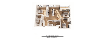 A floor plan of a 2 bedroom, 2 bathroom apartment.