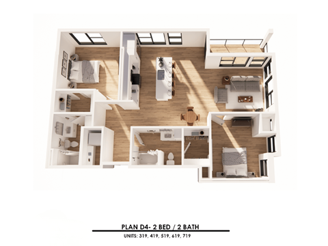A floor plan of a 2 bedroom, 2 bathroom apartment.