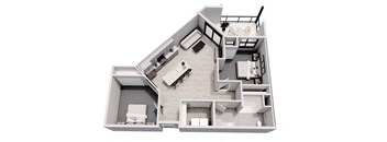 A 3D floor plan of a house with a kitchen, living room, and bathroom.