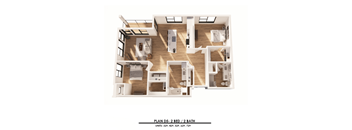 A floor plan of a 2 bedroom, 2 bathroom apartment.