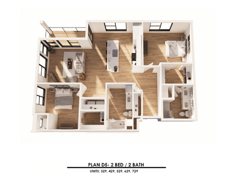 A floor plan of a 2 bedroom, 2 bathroom apartment.