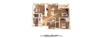 A diagram of a floor plan for a two bedroom, two bathroom apartment.