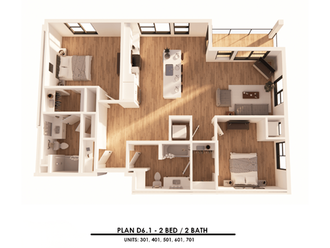A diagram of a floor plan for a two bedroom, two bathroom apartment.
