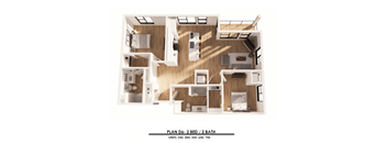 A diagram of a 2 bedroom apartment with 2 bathrooms.