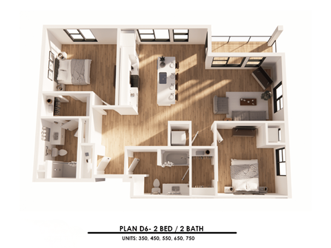A diagram of a 2 bedroom apartment with 2 bathrooms.