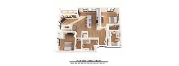 A 2 bedroom and 2 bathroom apartment layout.