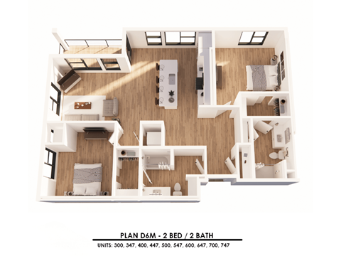 A 2 bedroom and 2 bathroom apartment layout.