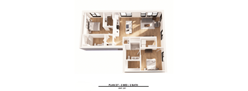 A diagram of a 2 bedroom, 2 bathroom apartment layout.