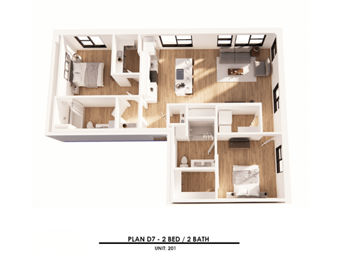 A diagram of a 2 bedroom, 2 bathroom apartment layout.